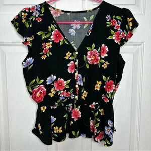 Button Front Ruffle Sleeve Blouse Floral Elastic  Waist Black Size Medium